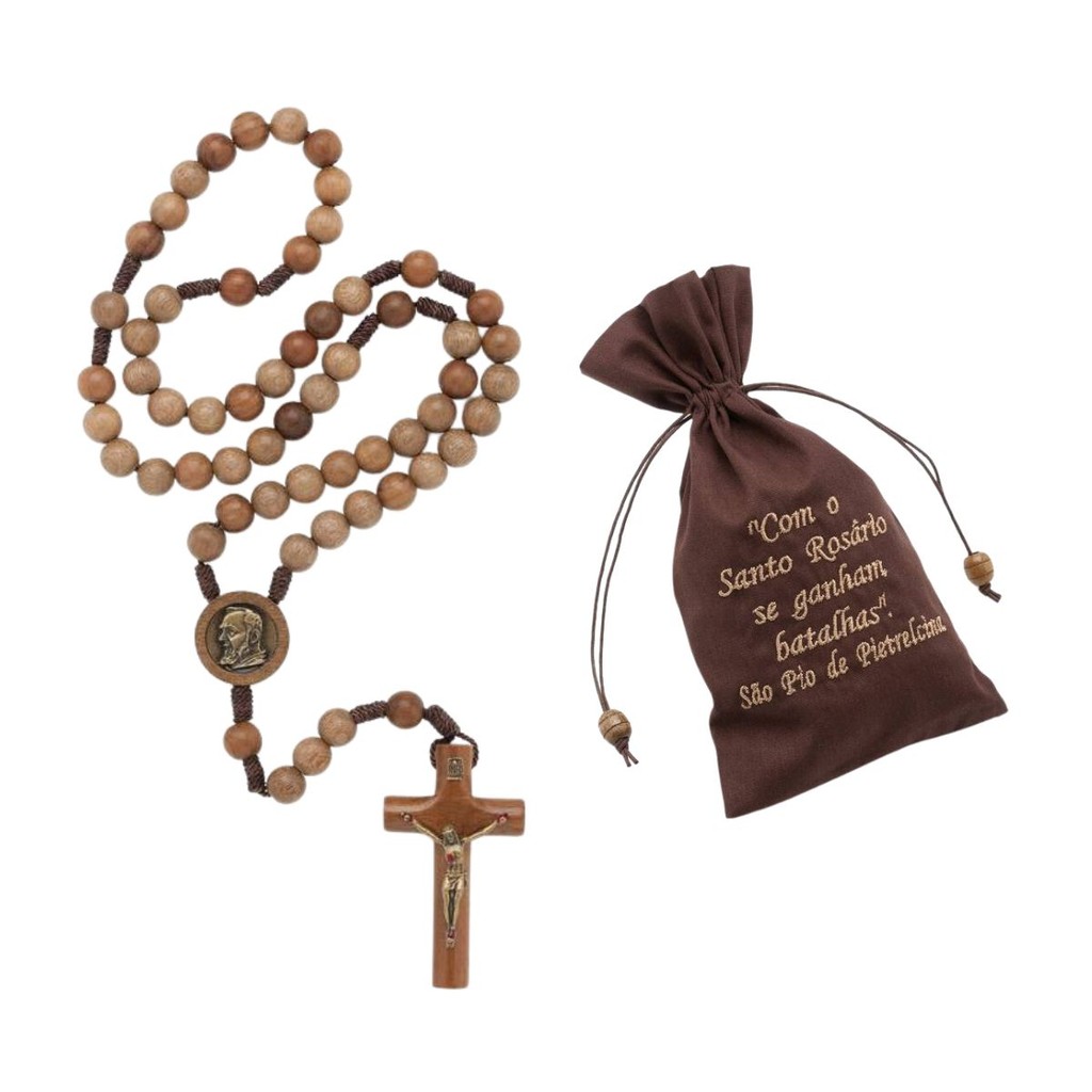 TERÇO CATÓLICO SÃO PADRE PIO MADEIRA SAQUINHO TECIDO BRINDE
