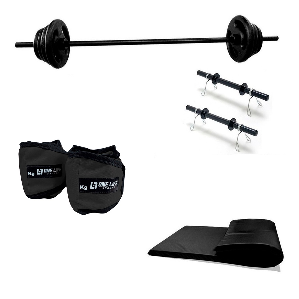 Kit Musculação Pump Barras + 14 Kg De Anilhas Emborrachada +Par  Caneleira 5 kg + colchonete Academia