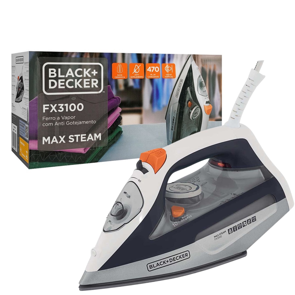 Ferro de Passar a Vapor Black+Decker FX3100-BR 110V Max Steam Base Ceramica Gliss Antigote...