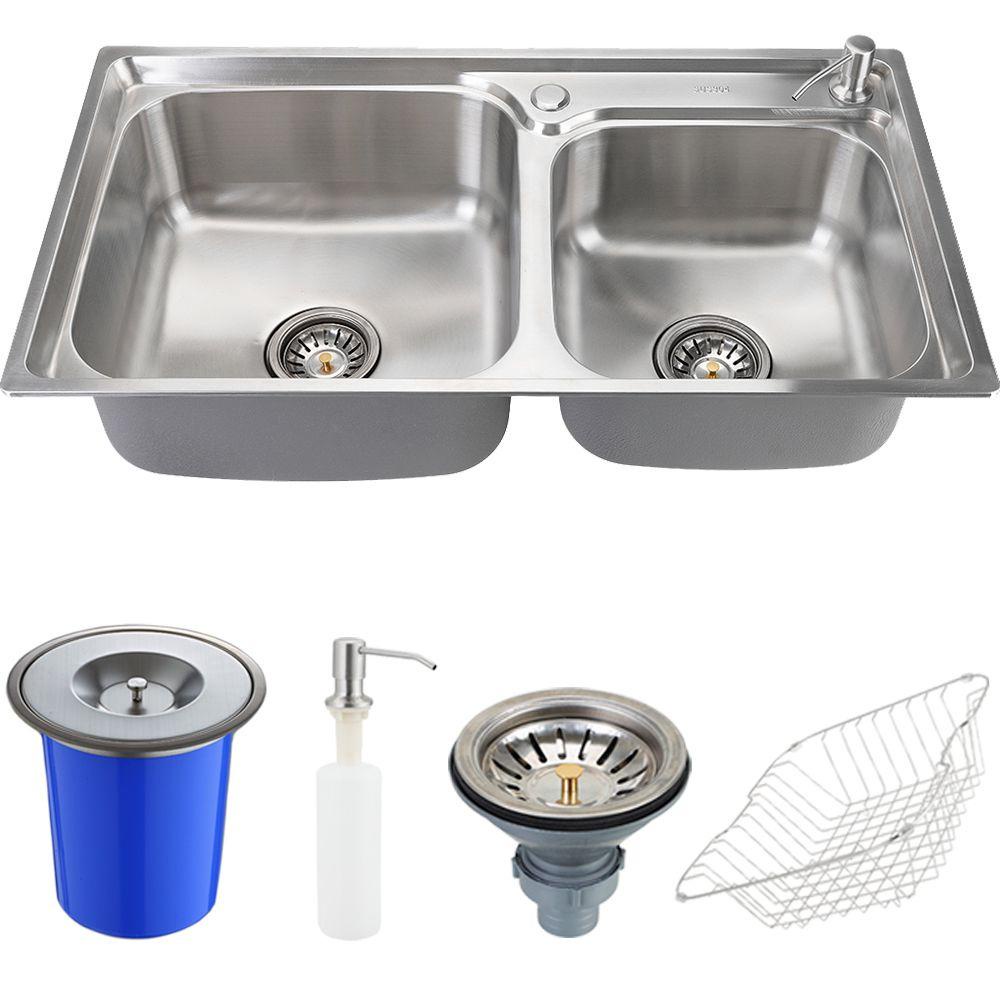 Cuba para cozinha pia dupla gourmet inox Potiguara com lixeira e acessórios Pingoo - Home & Living