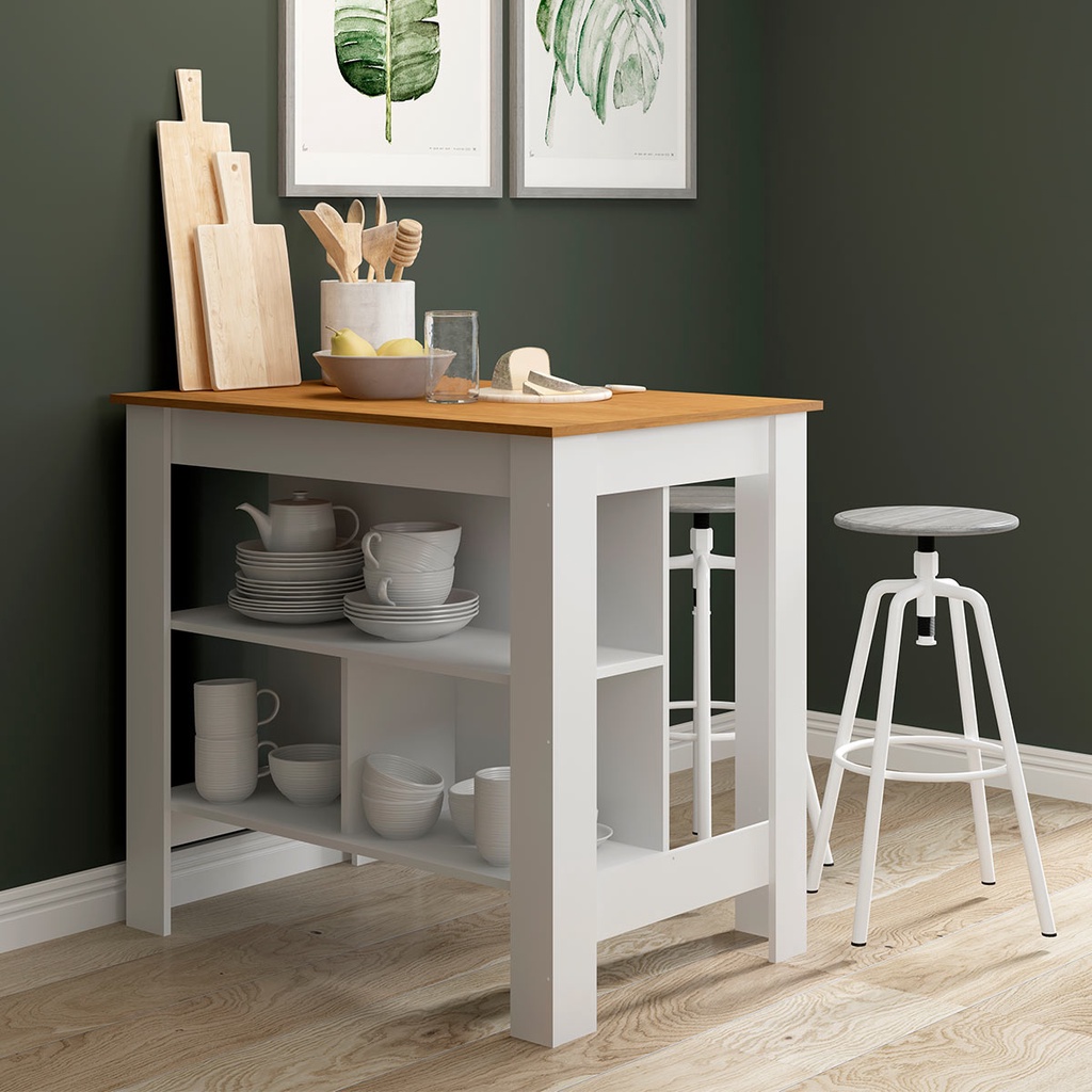 Bancada Ilha de Cozinha Gourmet 103x92x68cm – Com Prateleiras e Nicho Branco | MENU 0746