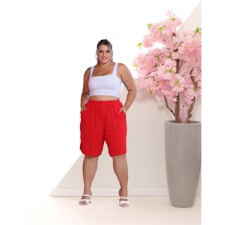 Bermuda Feminina Plus Size Cintura Alta Com Elastica Lado Dois Bolsos Laterais Top
