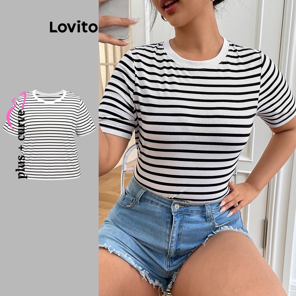 Lovito Plus Size Casual Blusa Feminina Listrada com Costura Contrastante LBE05142 (Multicor)