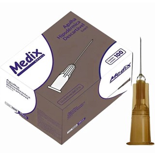 Caixa C/100 Agulhas Hipodérmica Descartável 13 x 0,45mm 26g (Marrom) - Medix