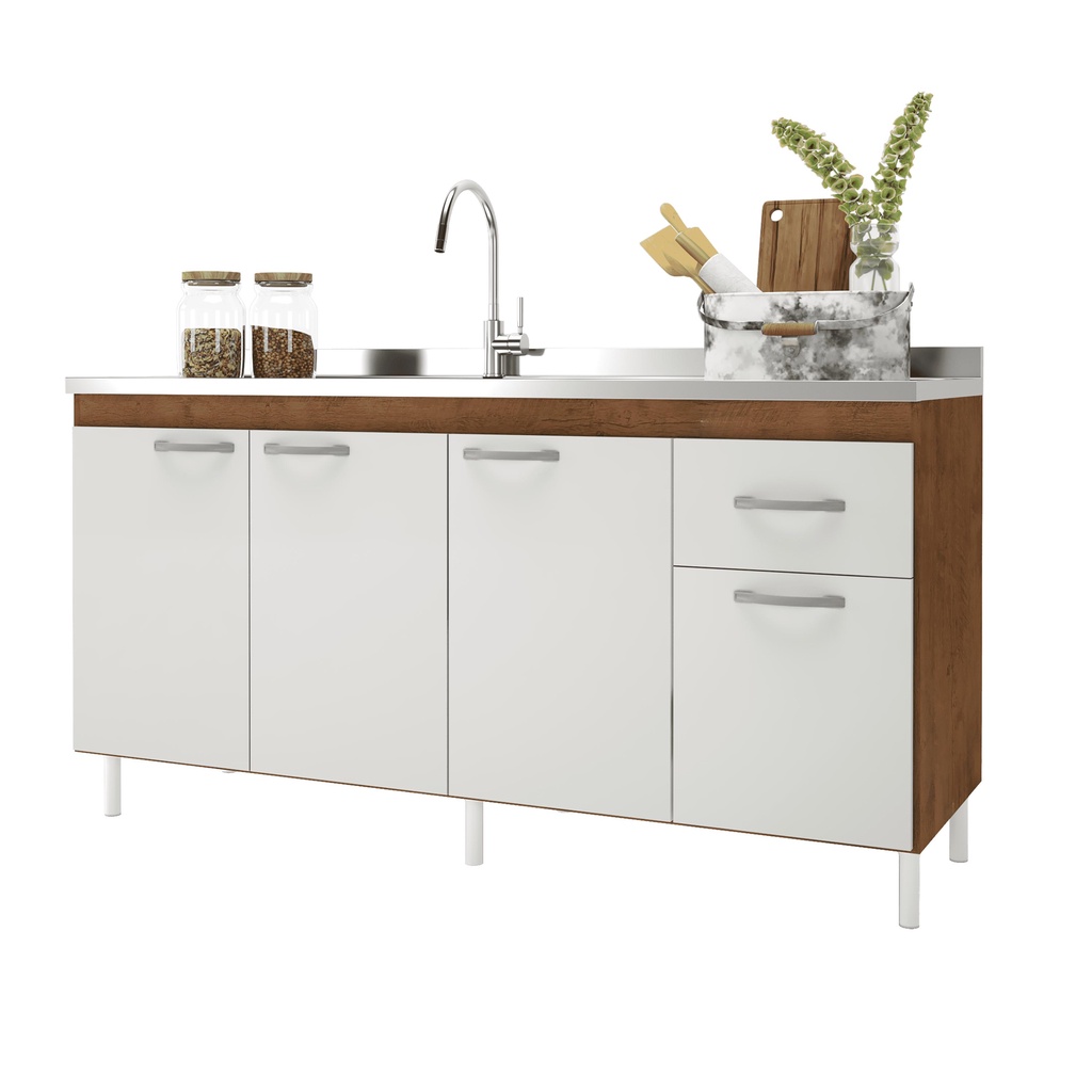 Detalhes do Balcão de Cozinha para Pia de 160cm Sem Tampo Suiça Fidelitá 4 Portas 1 Gaveta Noce/Off-White