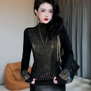 Moda Diamante Brilhante Indústria Pesada Conjunto De Camisetas Pretas De Manga Comprida Preto Coreano Versão Top