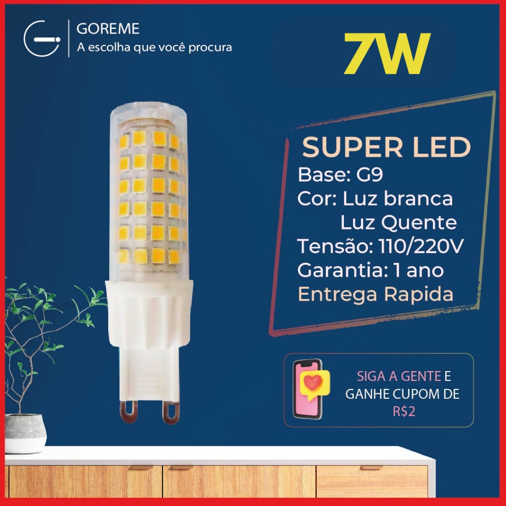 Lâmpada LED 7W G9 Halopin 110V/220V, Branco Quente 3000K (Amarelo) e Branco Frio 6500K (Branco) para arandelas luzbipino