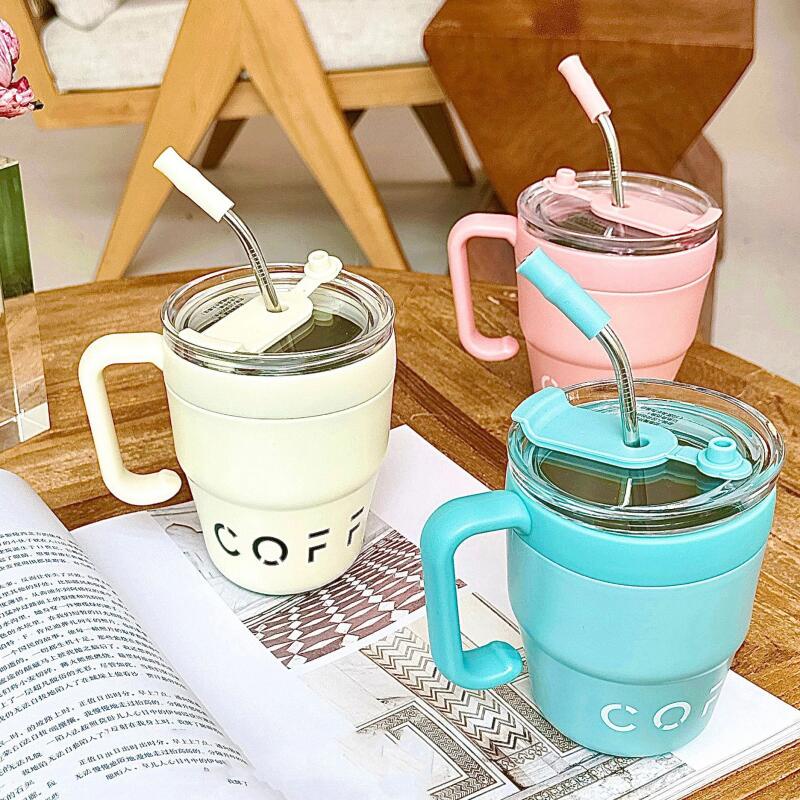 Garrafas De Água Portáteis Copo De Café Com Tampa De Palha Caneca Térmica De Aço Inoxidável Ao Ar Livre