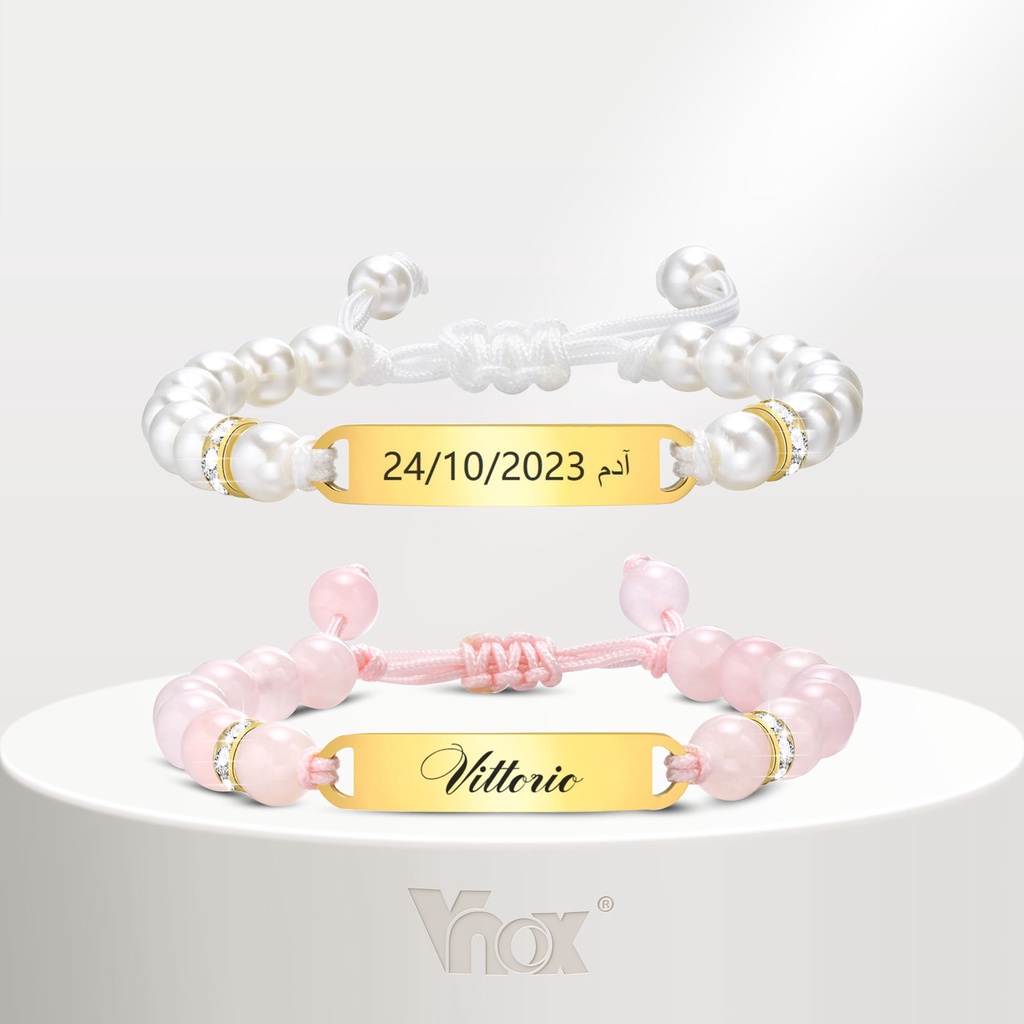 Vnox Free Engrave Pearl Pink Crystal Beads Pulseira Para Menina , 18K Gold Com Nome Personalizado Ajustável