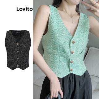 Lovito Elegante Blusa Feminina Lisa com Botão L71ED055 (Verde/Preto)