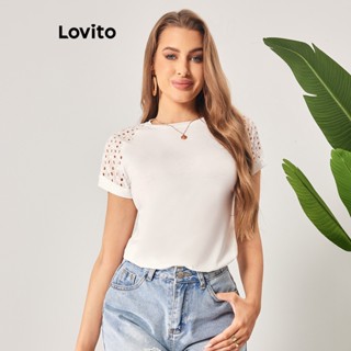 Lovito Camiseta Boho Básica com Detalhes de Tecido para Mulheres LBL06145 (Branco)