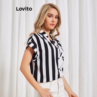 Lovito Blusa Casual Listrada com Bloco de Cores para Mulheres LBL06045 (Preto e Branco)