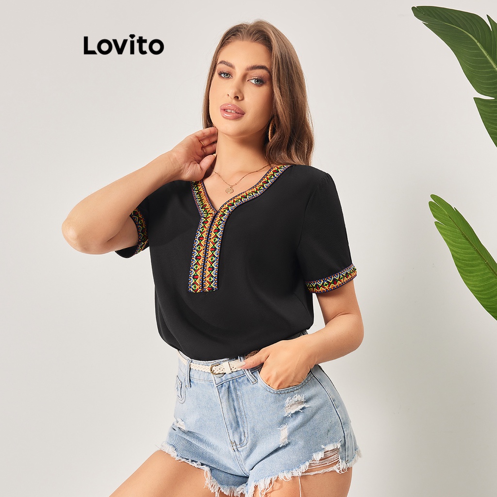 Detalhes do Lovito Blusa Boho Geométrica Contraste Fita Blusa De Encadernação Contrastante Para Mulheres LBL06111 (Preto)