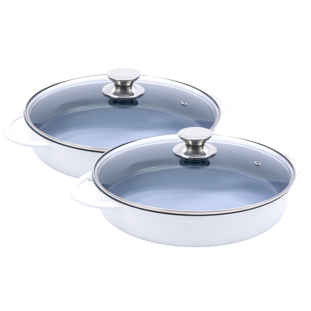 Kit Caçarola Baixa Hercules Indução Antiaderente Ceramico Tampa de Vidro Redonda Branca 30cm 3,5 Litros + 3,5 Litros