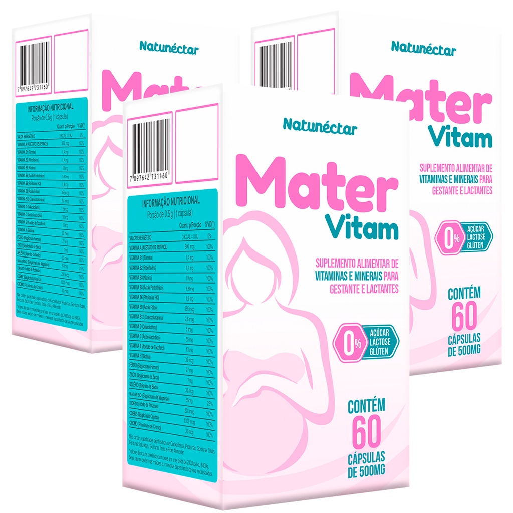 Kit 3 Potes Mater Vitam Suplemento Vitaminas e Minerais Gestante Lactantes Mamãe Natunectar 180 Caps