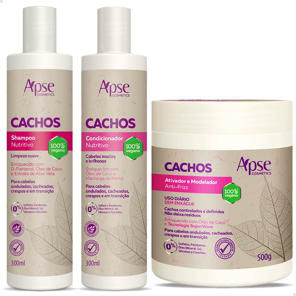 kit Apse Cachos Shampoo Condicionador 300ml e Ativador de Cachos 500ml Rico em vitaminas lipídios