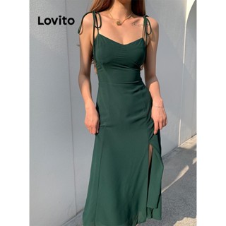 Lovito Vestido Elegante Com Gravata Lisa Na Frente Para Mulheres LNE37265 (Verde Escuro)