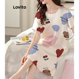 Lovito Vestido De Dormir Solto De Manga Curta Casual De Desenho Animado Para Mulheres LNA38209 (Damasco)