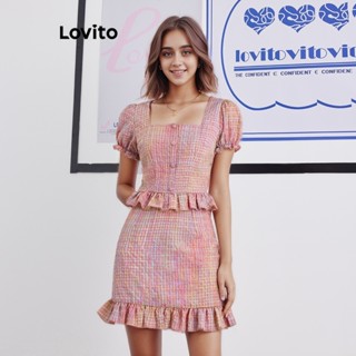 Lovito Saia com Estampa de Vichy e Babado de Renda para Mulheres L58AD145 (Rosa)