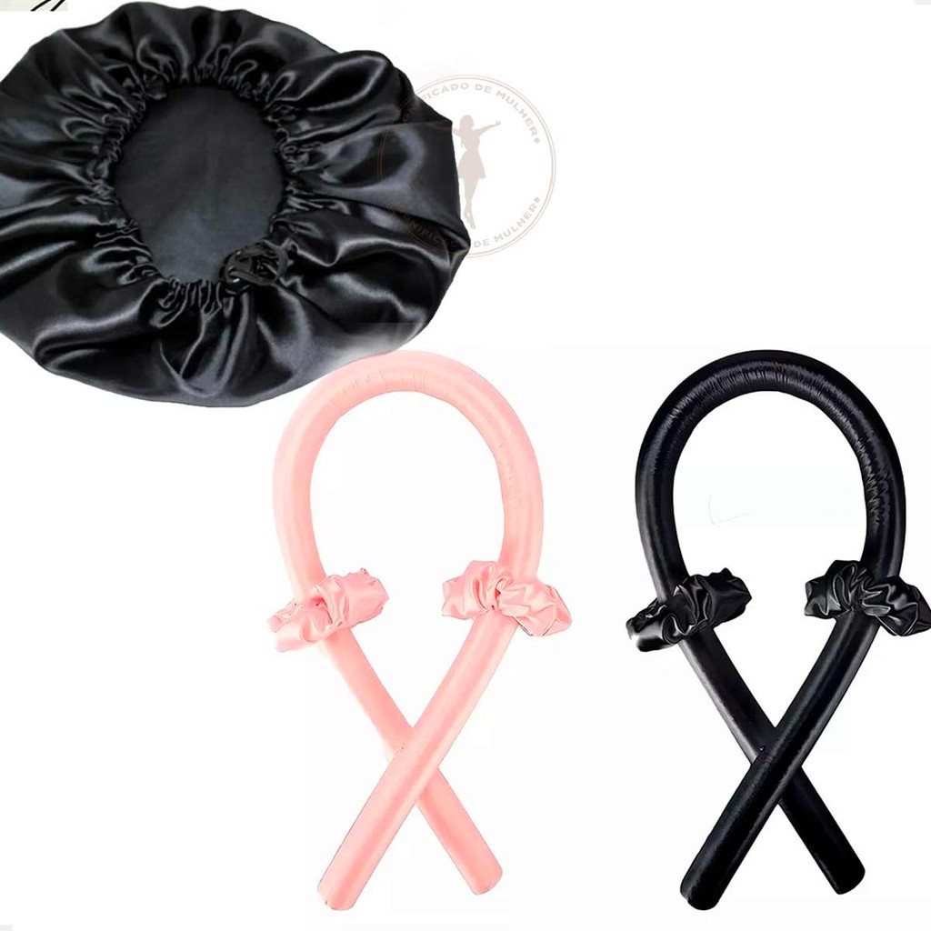 Vareta Modeladora de Cachos + Touca de Cetim AntiFrizz Protege Cabelos