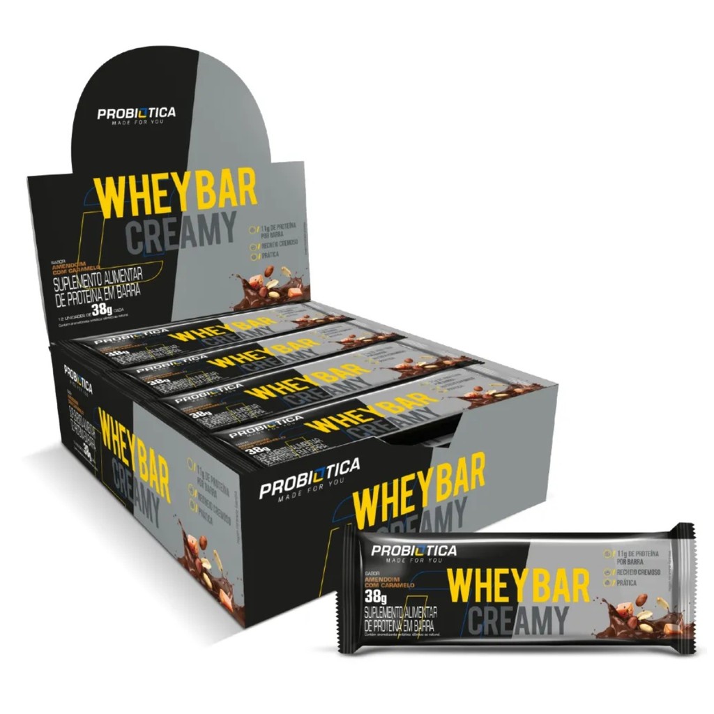 Whey Bar Creamy Probiótica Display C/12 Un de 38g Sabor Amendoim Com Caramelo