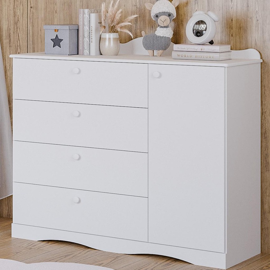 Cômoda Infantil Provençal 4 Gavetas 1 Porta Anti-Tombamento 100% MDF em Oferta na Shopee