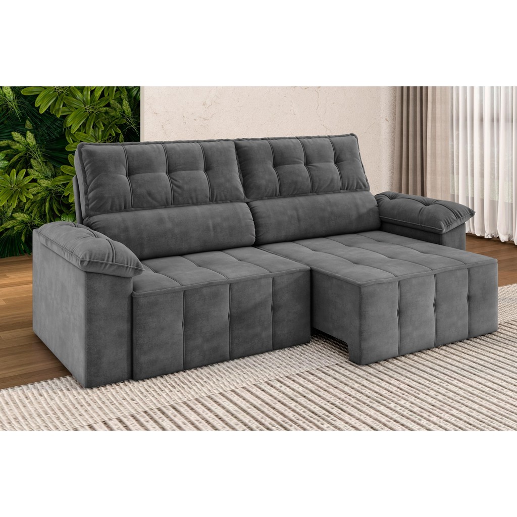 Sofá Santiago 2,20m Retrátil/Reclinável Suede Cinza - XFlex Sofás