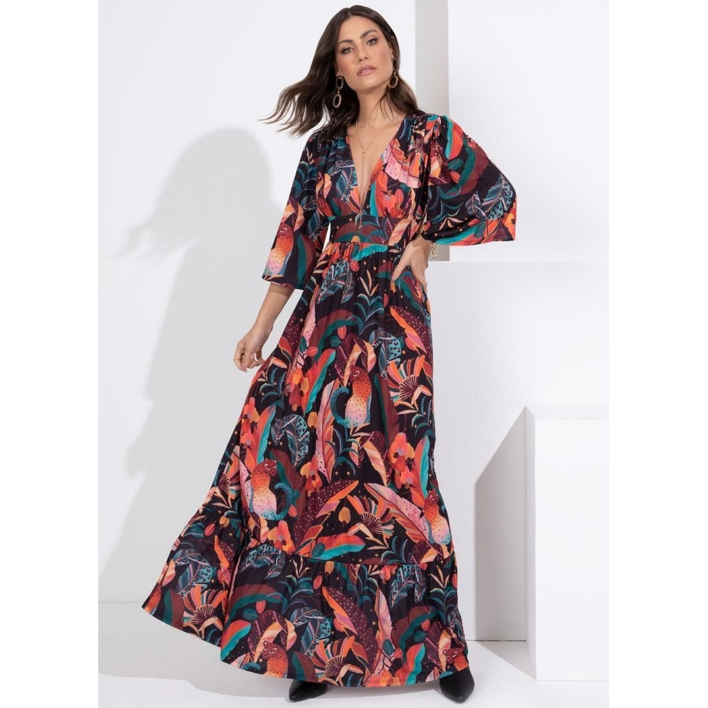 Vestido Longo Com Mangas Amplas Preto Quintess em Oferta na Shopee