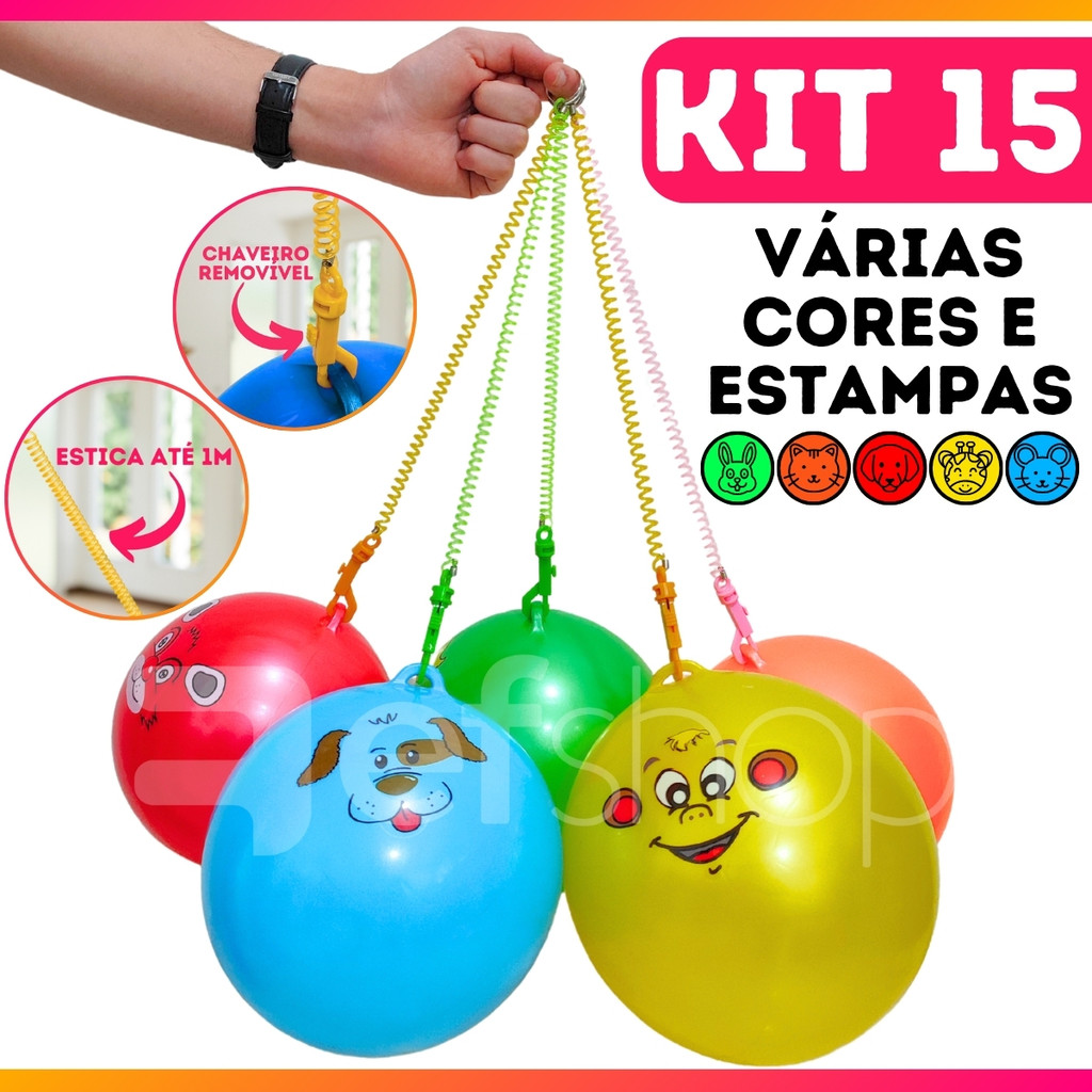 Kit 15 Bola Vinil Poing Poing De Animais Cordão Com Mola