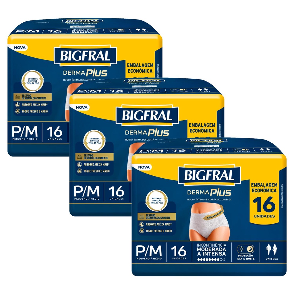 Kit 3 Roupas Íntima Bigfral Pants Derma Plus P/M com 16un cada - Health