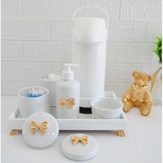 Kit Higiene Bebê Porcelana Térmica Bandeja Banho K030 Laço em Oferta na Shopee