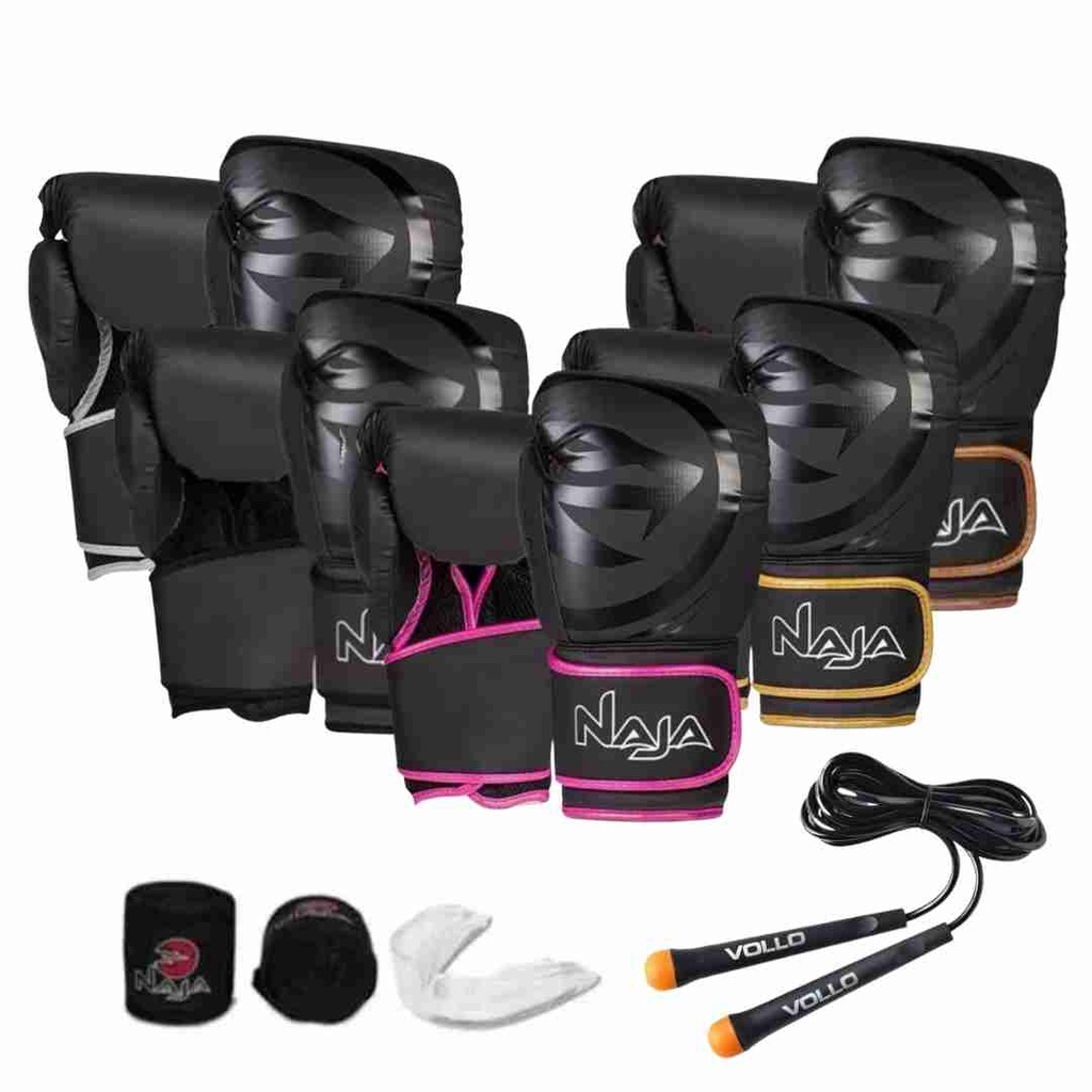 Kit luvas de Boxe Muay Thai Naja Black + Bandagem + Protetor Bucal + Corda em Oferta na Shopee