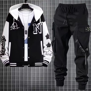 Conjunto De Moda Homem Casaco Com Capuz Camisetas Tendência Capuzes + Calça De Carga Joggers Preta