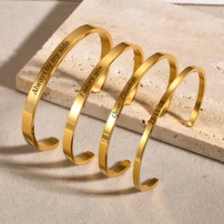 Vnox Bangle Personalizado Para Mulheres , Ouro 18K Pulseiras De Aço Inoxidável Simples , Jóias Clássicas Presente BFF