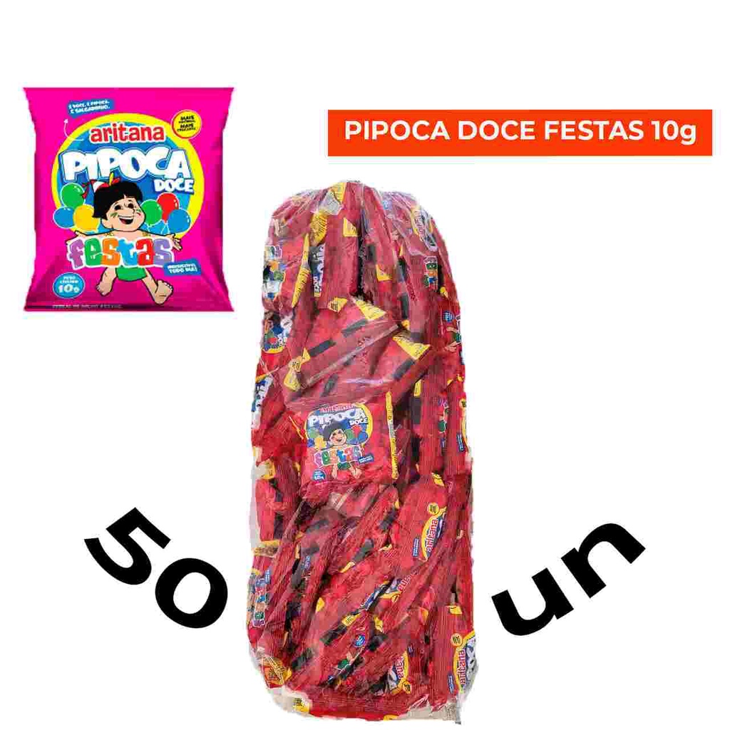 Pipoca doce Aritana Festas 10g, pacote com 50un