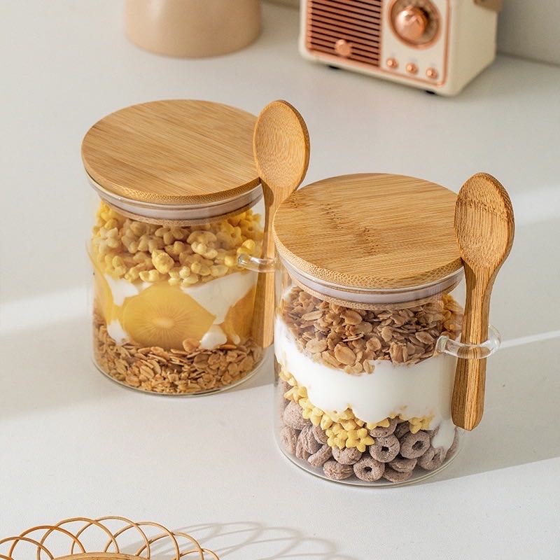 Pote De Vidro Redondo Tampa Bambu Hermético Com Colher 200ML/300ML/350ML/450ML/550ML/600ML...
