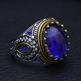 Anel Punk Men Prata Vintage Ouro Esculpir Zircônio Titânio Aço Pedra Azul Safira Anéis Dedos Jóias