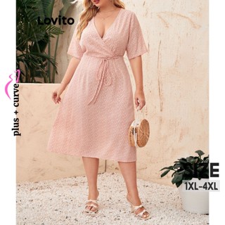 Lovito Vestido Feminino Plus Size Curvo Casual Ditsy Floral Com Renda LNL37035 (Rosa)