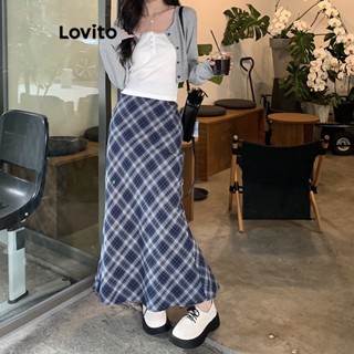 Lovito Casual Saias Y2K Plissadas com Xadrez Estilo Rabo de Peixe para Mulheres LNA20192 (Azul)