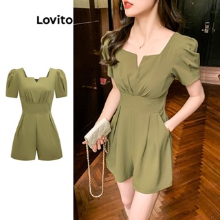 Lovito Elegante Macacão Feminino Liso Plissado L71ED203 (Verde-oliva)