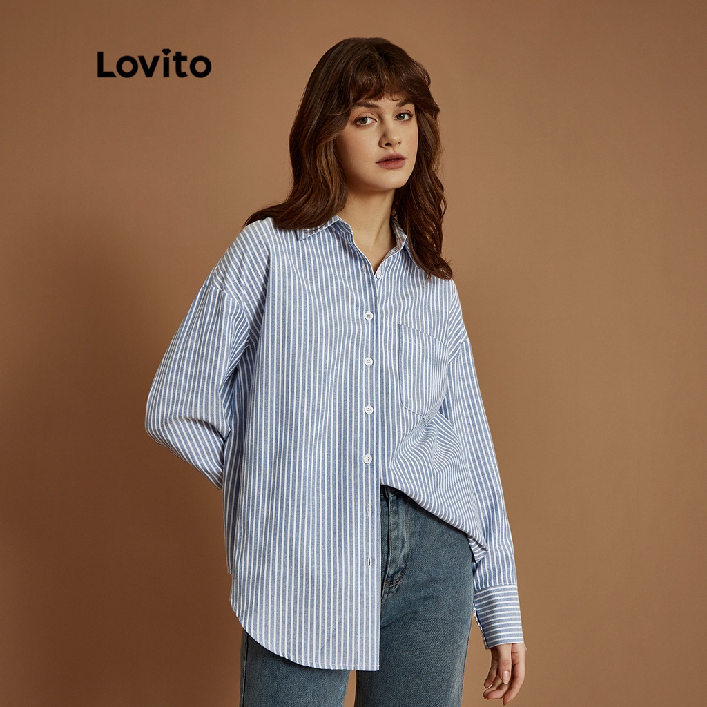 Lovito Blusa Casual Listrada Texturizada De Algodão Macio Com Gola De Botão Para Mulheres L32Ud002