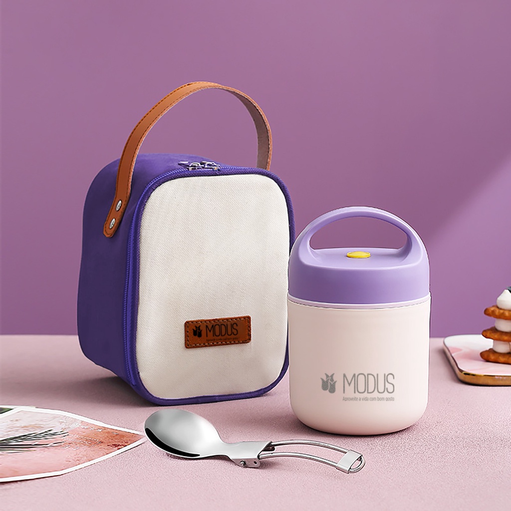 MODUS 460ml Marmita Lancheira Térmica Roxo Com a Bolsa e Colher Pote Para Crianças de 304 Aço Inoxidável Forro Para Sopas Caldos