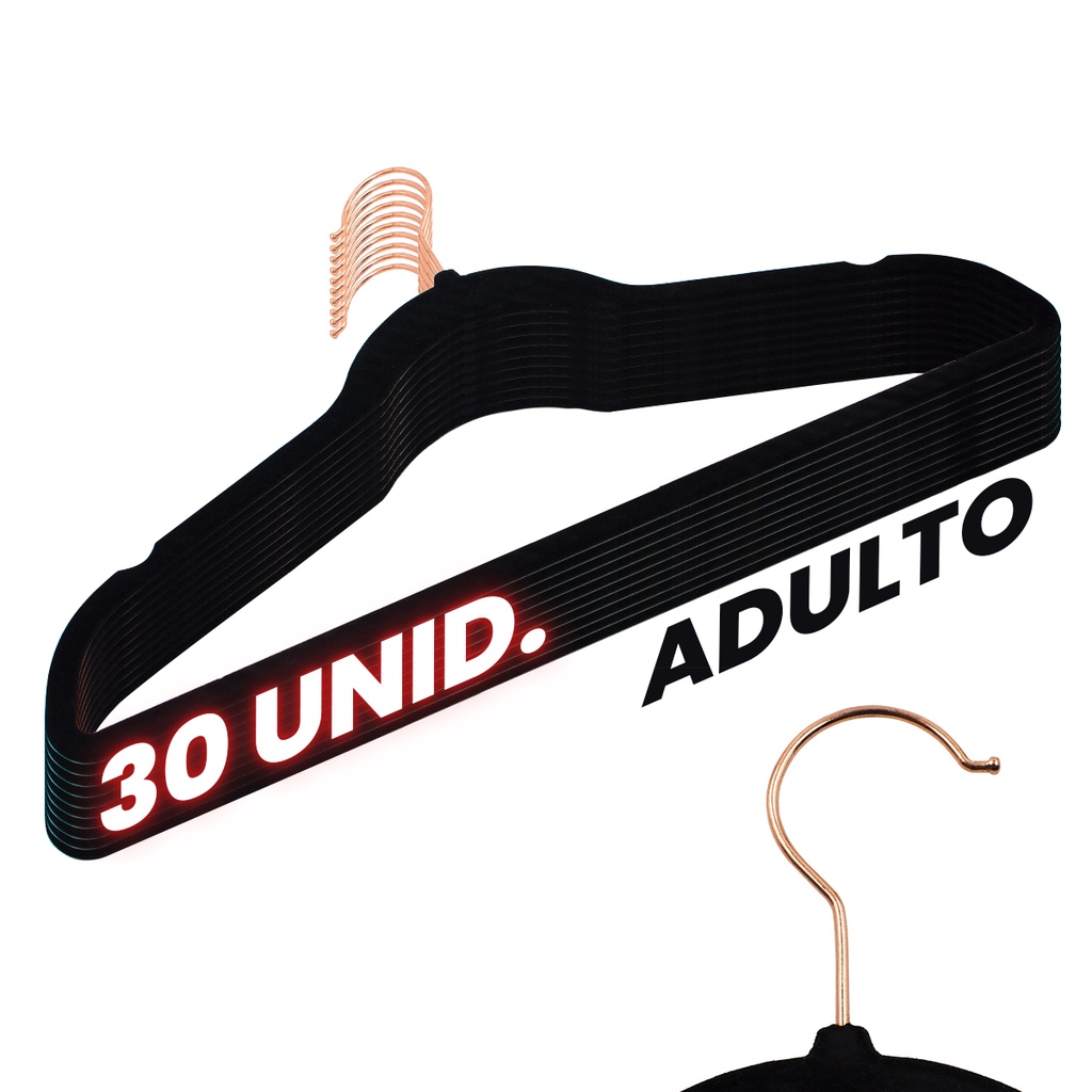 Kit 30 Cabides Veludo Preto Gancho Rose Antideslizantes 45cm