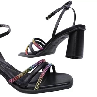 Sandália feminina Moleca Salto Geométrico Médio Glitter Brilho Strass Arco-íris Promoção