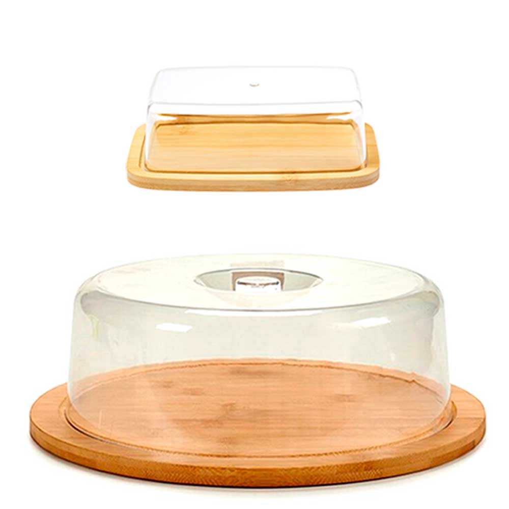 Kit bambu boleira e porta manteiga com tampa pote alimento cozinha geladeira mesa café tortas frutas pães doce suporte manteigueira tábua frios bamboo
