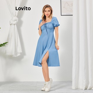 Lovito Casual Plain Bow Split Denim Dress for Women LBL07069