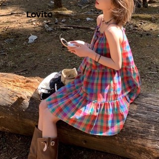 Lovito Vestido com Amarração e Camadas de Tecido Xadrez para Mulheres LNA19262 (Multicolorido)