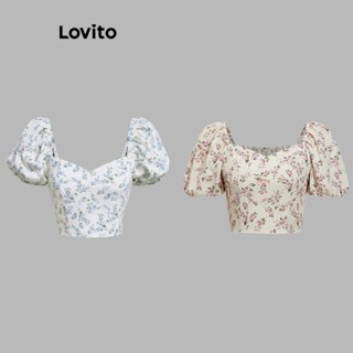 Lovito Casual Blusa Feminina Floral com Manga Bufante L67AD006 (Branca)