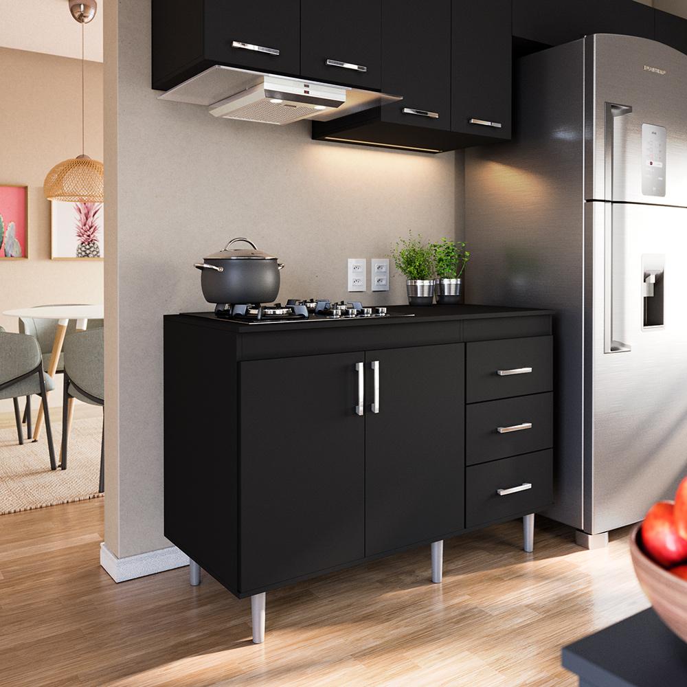 Balcão de Cozinha 1,20m Para Cooktop 5 Bocas 2 Portas E 3 Gavetas Turim Preto Lo