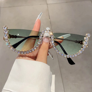 KAMMPT-Gradiente feminino semi-redondo óculos, sem aros, strass, óculos de moda, moda vintage novo